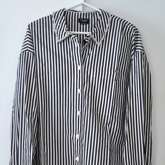 NWT Kate Spade Acrobat Stripe Black and White Embellished Shirt Size XXL - Picture 7 of 16